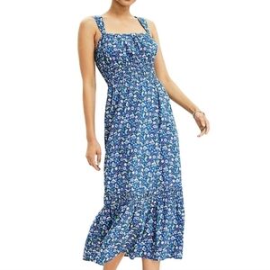 LOFT Sundress Retro Floral Print Smocked Waist Ruffle Hem Blue Prairiecore XS